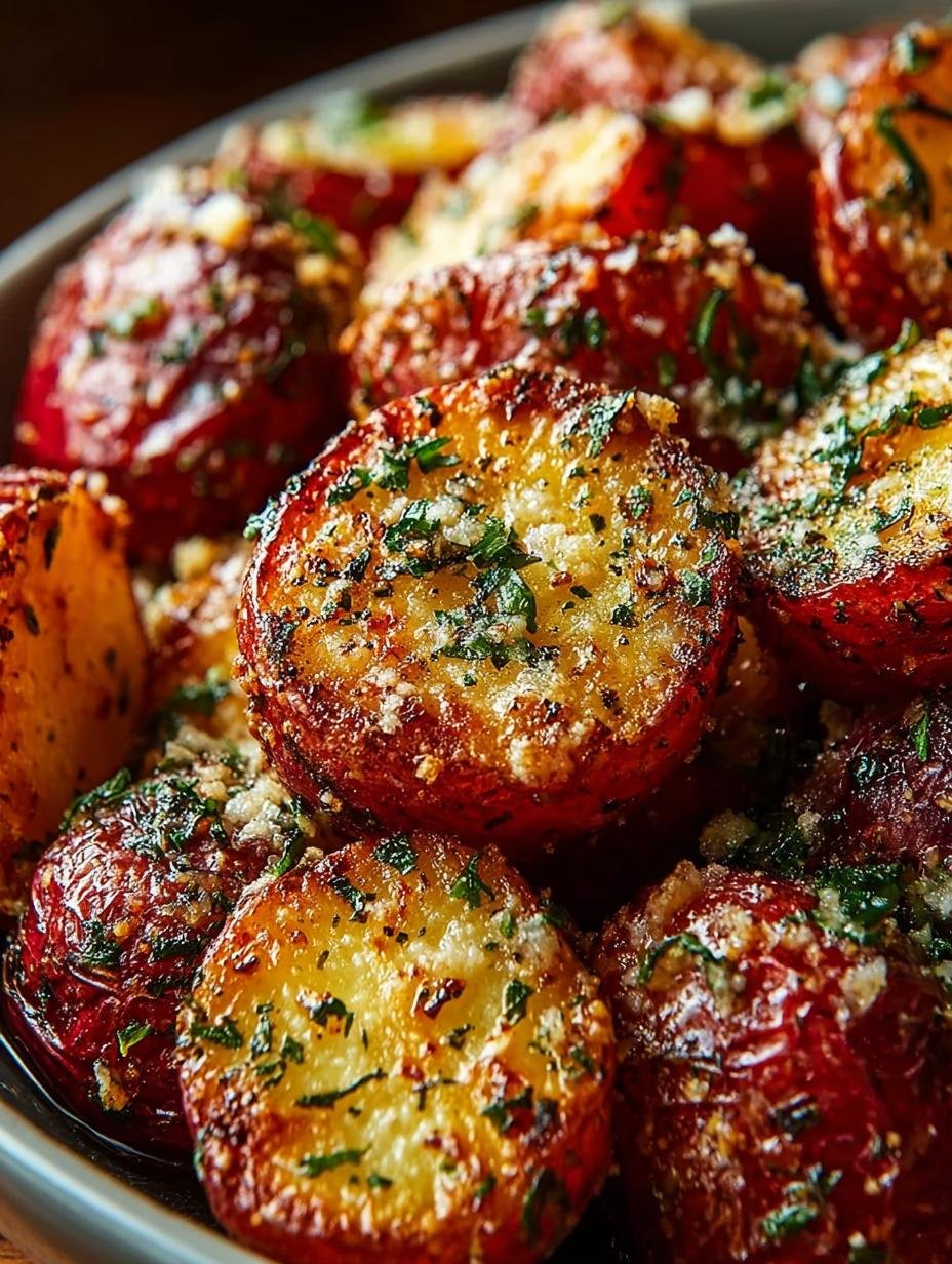 Deliciously crispy Parmesan Roasted Red Potatoes served on a plate