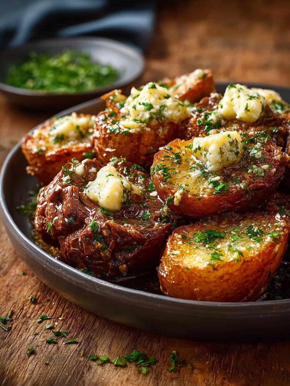 Irresistible Slow Cooker Garlic Butter Beef served with fresh herbs on a plate